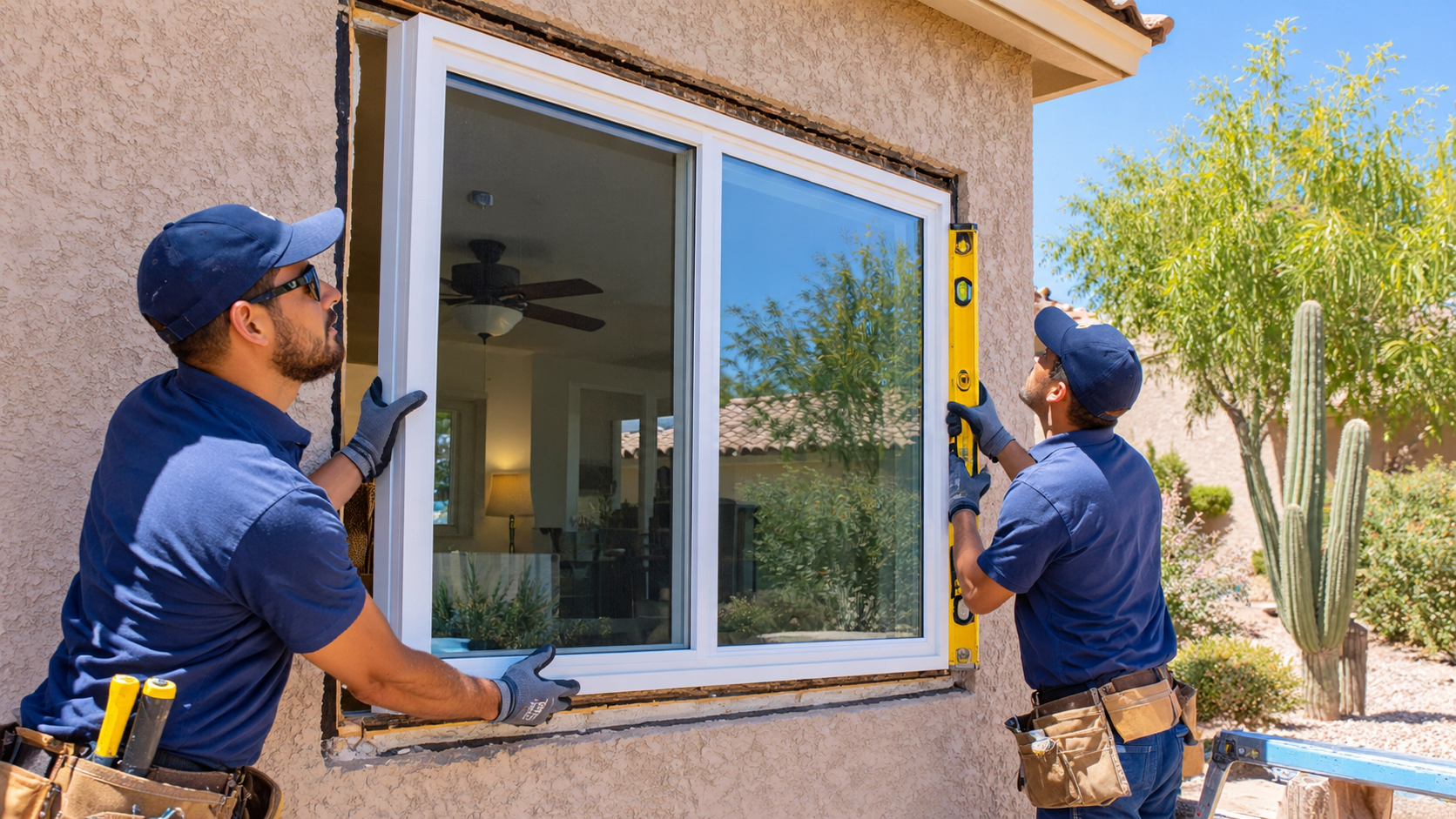 Two workers in blue uniforms perform expert window installation on a stucco house, using a level to ensure the frame is straight.