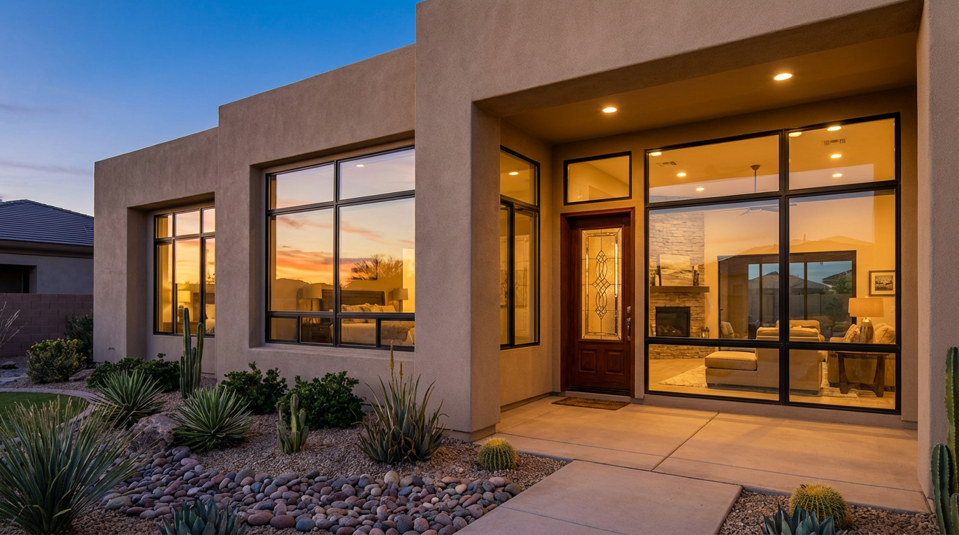Modern single-story house in Avondale AZ with large windows, desert landscaping, and a warmly lit interior visible through the glass at dusk—perfect for showcasing quality window installation Avondale services.
