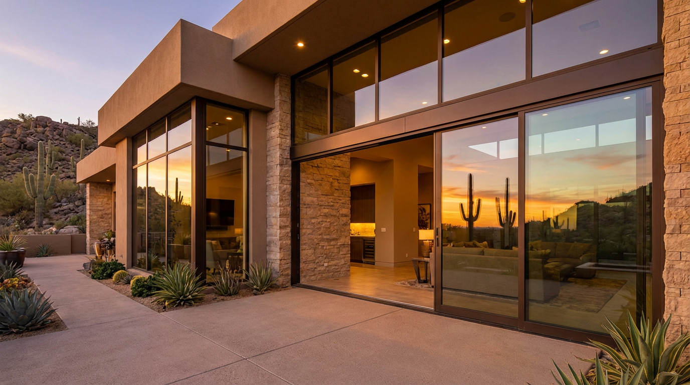 Modern Scottsdale house with large glass sliding doors, stone walls, and desert landscaping, reflecting a sunset. Cacti are visible through the windows, showcasing premium door installation and window installation throughout.
