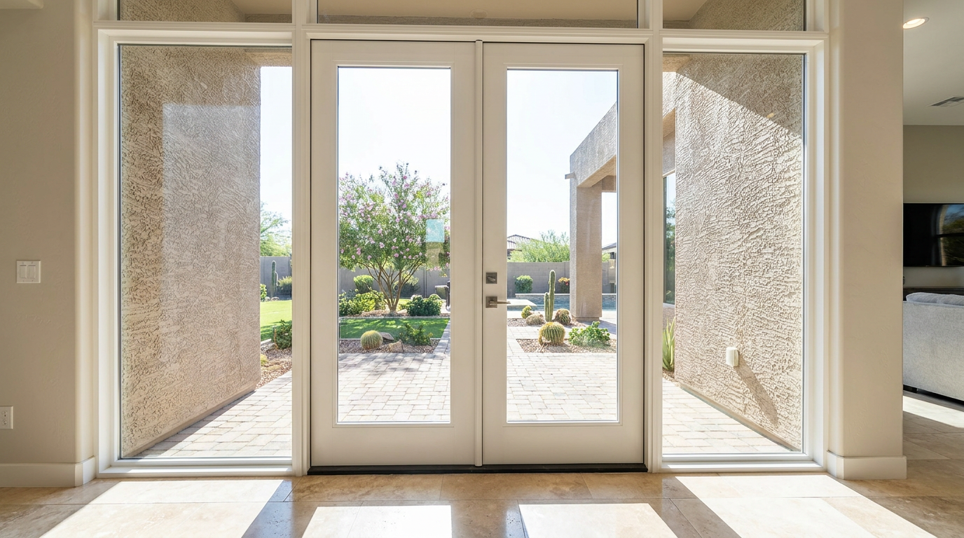 French doors open to a patio with pavers, desert landscaping, green grass, and a garden wall visible under bright daylight.