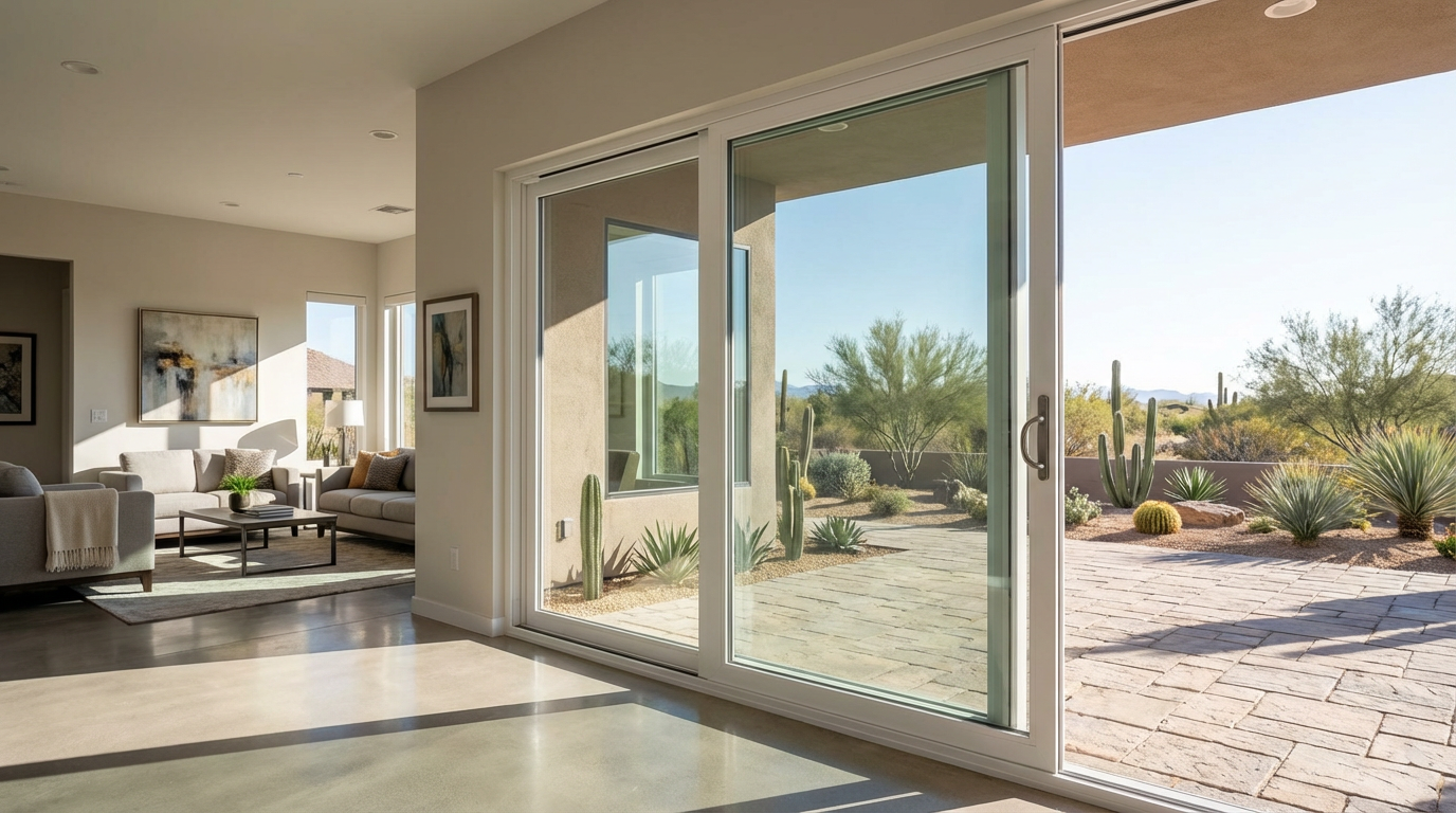 Spacious living room with double pane sliding glass doors opening to a stone patio and desert landscaping under clear daylight, combining beauty with energy efficiency and a smart double pane door cost.