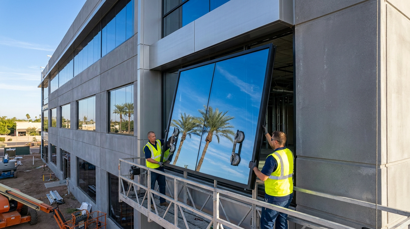 Two construction workers in safety vests install a large glass window panel on the exterior of a modern building using a mechanical lift, demonstrating the precision involved in commercial window replacement and how it can impact overall replacement cost.