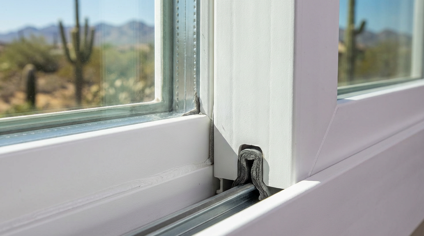 Close-up of a white sliding window with worn weatherstripping, revealing a desert landscape with cacti—an ideal scenario to consider vinyl replacement windows for better insulation and to consult a window cost price guide.