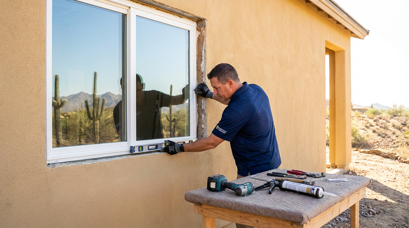 A man uses a level to install white vinyl windows on a stucco house; tools and supplies are arranged on a work table nearby in the desert, perfect for tips from the Arizona Homeowner’s Guide.