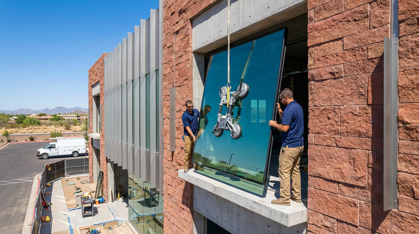 Two workers install a large glass window panel on the exterior of a modern brick building using a suction lifter crane, demonstrating the precision required in commercial window replacement.