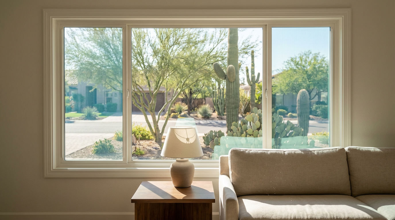 A beige sofa and a lamp on a wooden side table sit in front of a large window, expertly crafted by professional windows and doors specialists, overlooking a sunny desert landscape with cacti and trees.