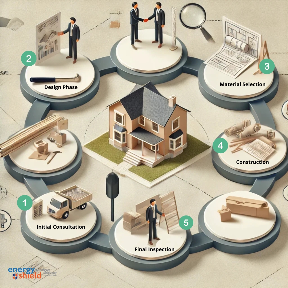 Illustrated circular diagram showcasing six stages of home building and remodeling: Initial Consultation, Design Phase, Material Selection, Construction, Room Additions, and Final Inspection, all centered around a model of an Arizona home.