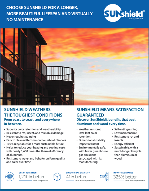A flyer for Sunshield, featuring a captivating image of a sunset, highlighting the product's longer lifespan and virtually no maintenance.