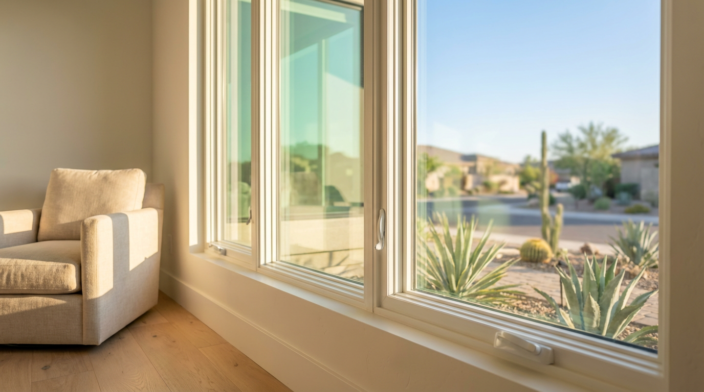 A beige armchair sits near large white-framed windows—a fresh windows installation—overlooking a desert landscape with cacti and houses under a clear blue sky in Phoenix, Arizona.