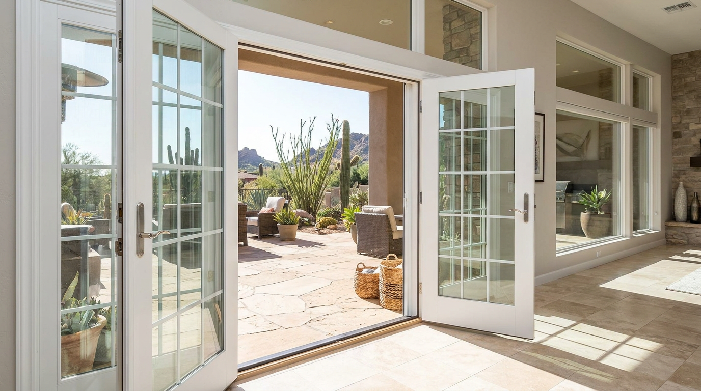 Open double French doors lead from a bright living room to a sunny patio with outdoor seating, plants, and desert landscape in the background.