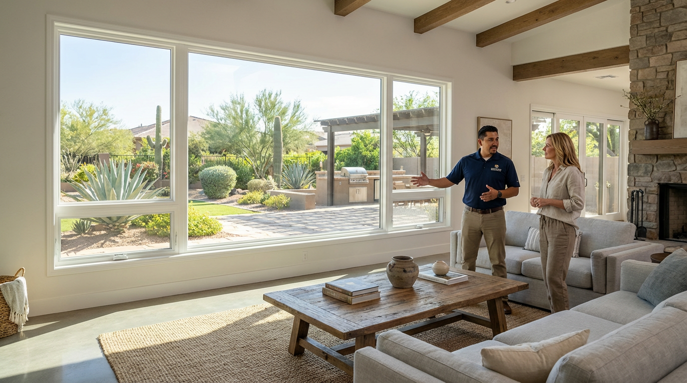A man and a woman stand in a bright living room with large vinyl replacement windows, looking out onto a landscaped backyard with plants and a patio area.