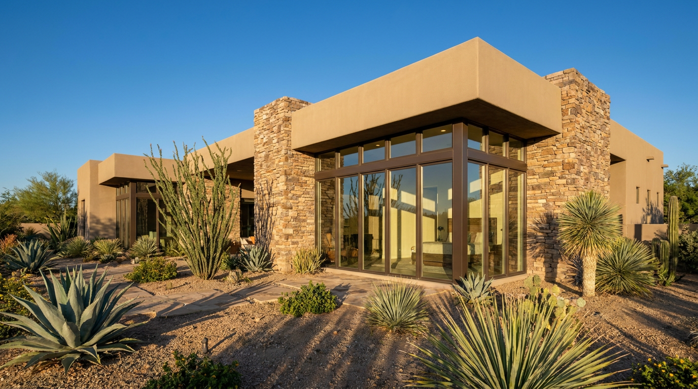 Modern southwestern-style house with large windows, elegant stone accents, and desert landscaping featuring cacti and agave plants under a clear blue sky. Thoughtfully designed room additions and striking doors create an inviting atmosphere that seamlessly blends indoor and outdoor living.