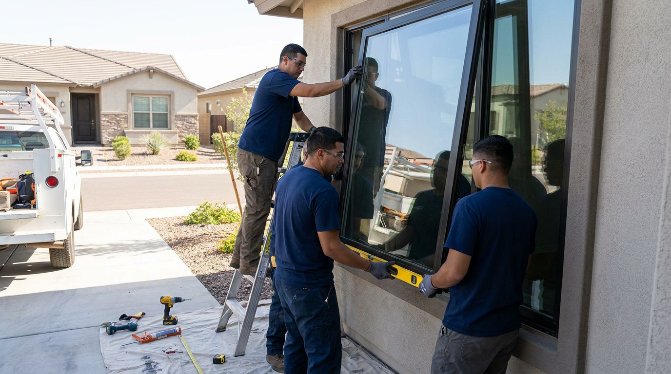 Three workers install a large window in a house exterior; one uses a level, another stands on a ladder, with doors and tools visible nearby, and houses are seen in the background—showcasing expertise ideal for room additions or new windows.