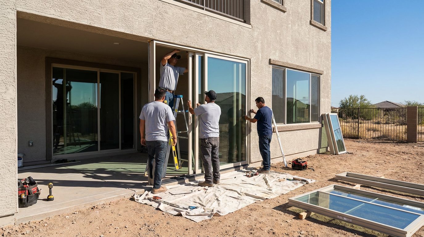 Four workers install large sliding glass doors on the back of a house in Tolleson, AZ, using tools and a tarp to protect the ground. Removed glass doors are resting nearby as they work to ensure top quality results.