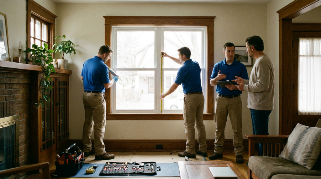 Three workers in blue shirts measure and install replacement windows in a living room while a fourth man, dressed casually, discusses window alternatives with one of them. Tools are scattered on the floor nearby.