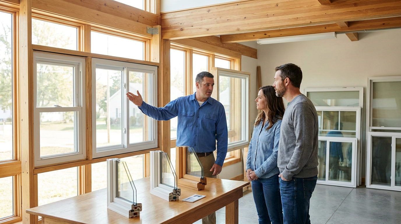 A man in a blue shirt demonstrates replacement windows to a couple inside a showroom with large windows and sample window frames on a table.