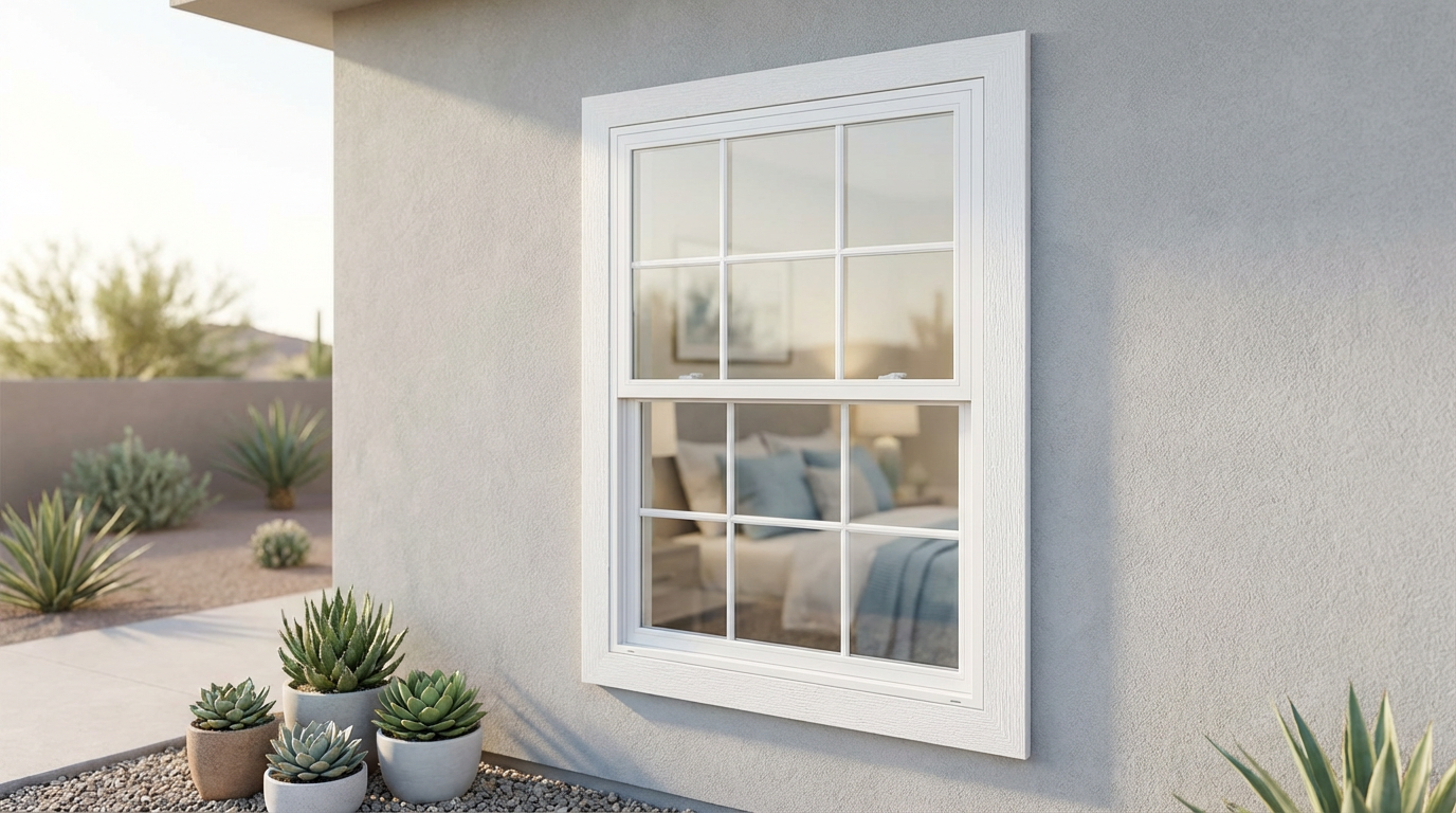 A white-framed vinyl replacement window on a gray stucco wall, with several potted succulents outside and a cozy bedroom visible through the glass—an inviting view that hints at affordable vinyl window price options.