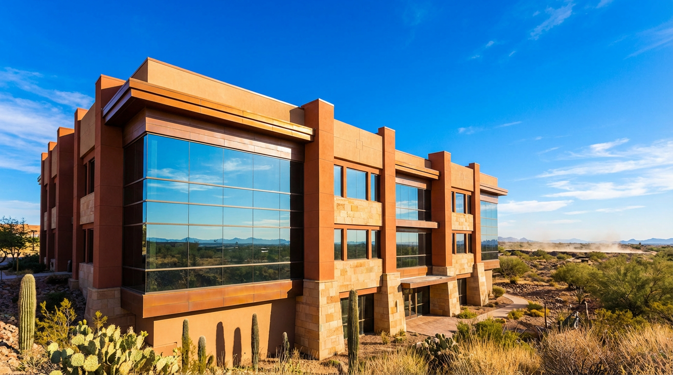 A modern two-story office building with large reflective windows, recently upgraded through Arizona commercial window replacement, stands in a desert landscape under a clear blue sky.