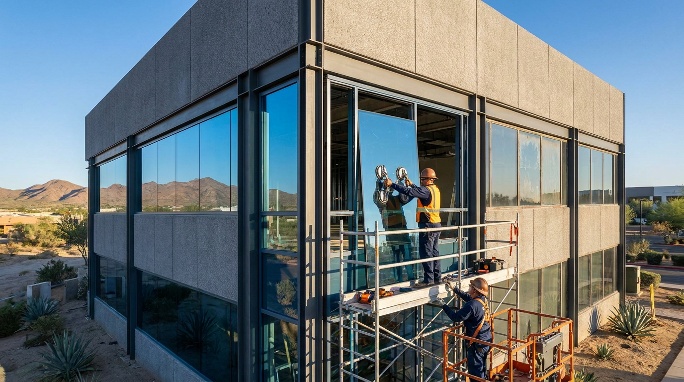 Two construction workers install a large commercial window on the second floor of a modern building using a lift and suction equipment, demonstrating the precision required in commercial window replacement.
