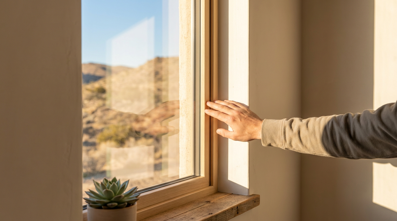 A person's hand touches a window frame in a sunlit room with a small potted succulent on the windowsill, while considering window comparison options and gazing at the desert landscape outside.