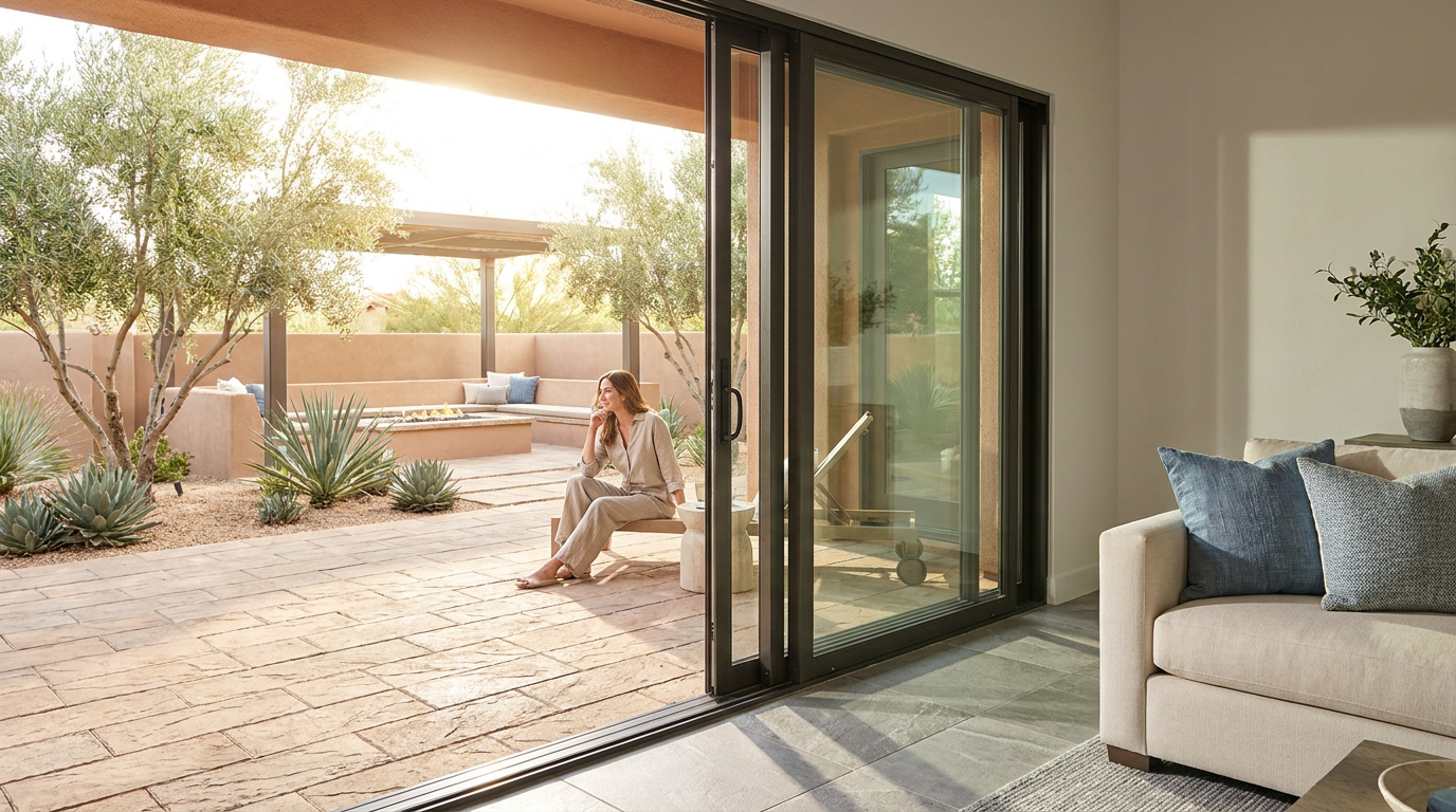 A woman sits on a patio talking on the phone, viewed through an open sliding glass door connecting a living room to the outdoor area with plants and seating—a stylish example of how Patio doors can seamlessly blend indoor comfort with outdoor relaxation.
