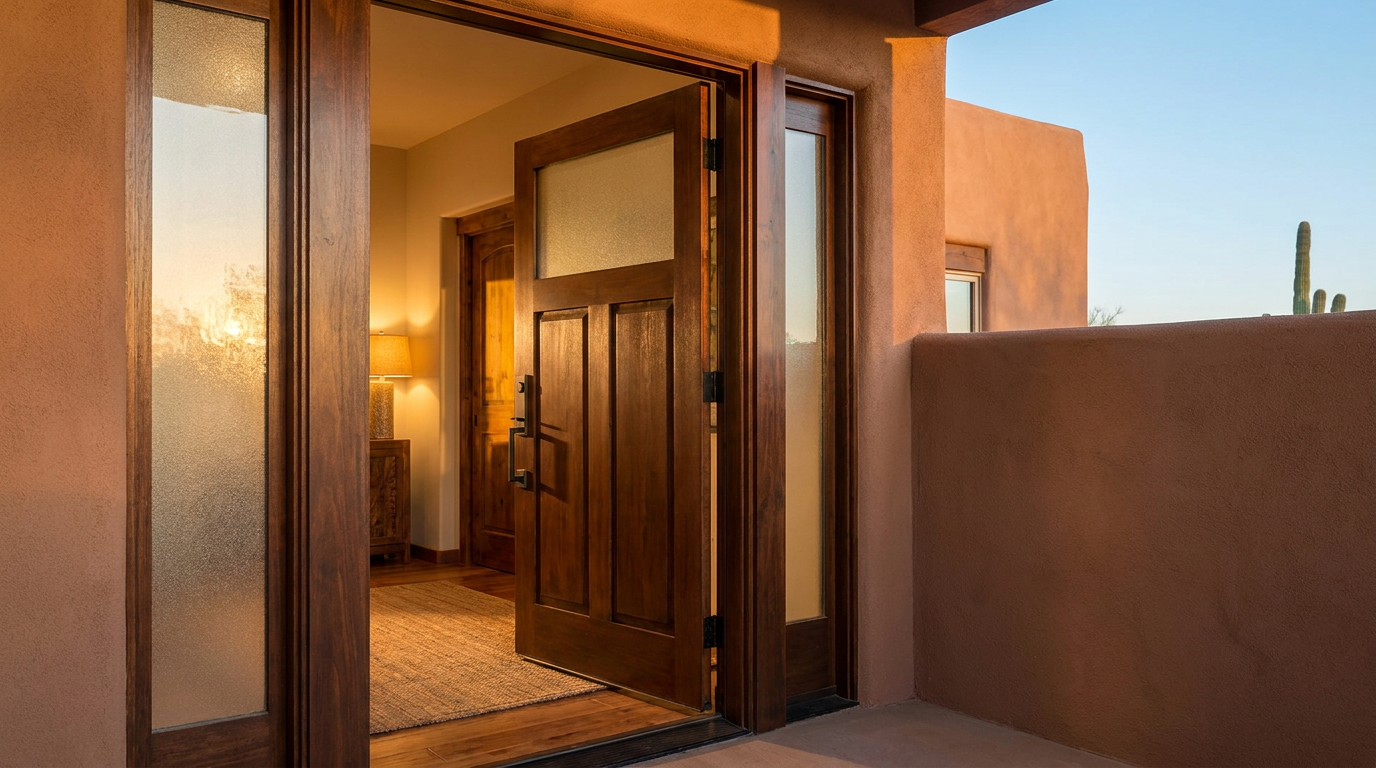 A wooden front door is open, revealing a warmly lit interior with a lamp and rug. The exterior walls are stucco, and a cactus is visible outside—offering inspiration for those looking to choose the right door for a welcoming entryway.