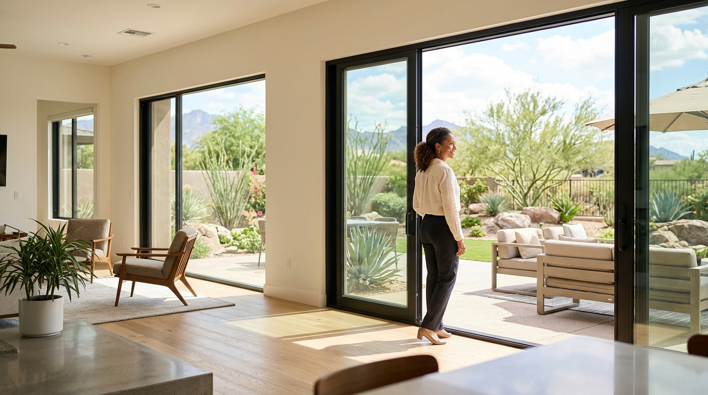 A woman stands in double sliding glass doors looking out onto a patio with desert landscaping.