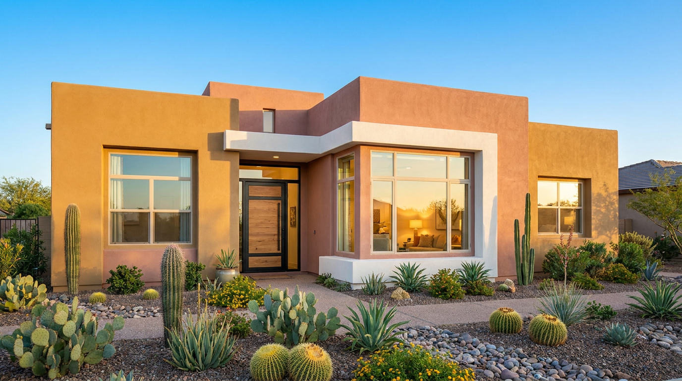 A single-story desert home in Casa Grande featuring stucco walls, a wooden front door, and a front yard landscaped with cacti and succulents.