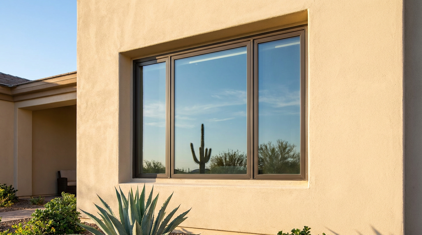 Exterior view of a three-pane window on a tan stucco wall in Litchfield Park, reflecting a saguaro cactus and sky.