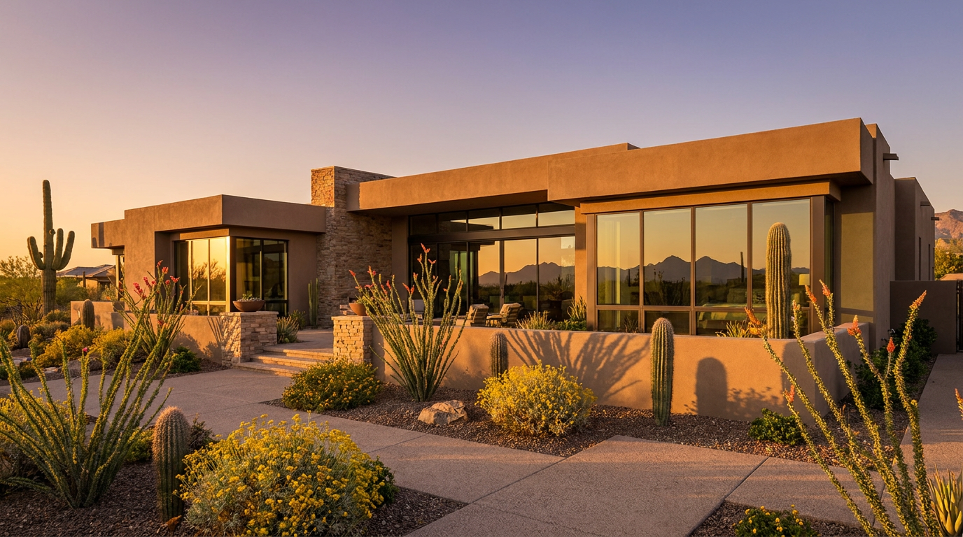 A modern desert home with floor-to-ceiling windows and xeriscaped landscaping at sunset, featuring sliding glass doors that seamlessly connect indoor and outdoor living spaces.