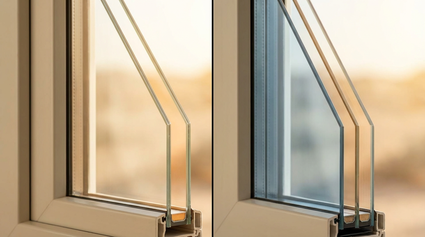 Close-up comparison of Arizona double pane windows (left) and triple pane windows (right), both set in white frames, with an outdoor scene blurred in the background.