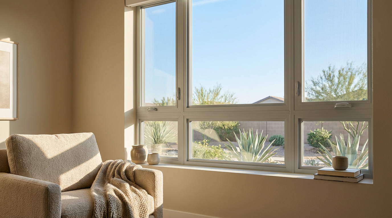 A cozy beige armchair with a blanket sits by a large window, expertly installed by Phoenix's leading Windows and Doors Installation service, overlooking a sunny Arizona garden with desert plants; ceramic vases and a cup rest on the windowsill.
