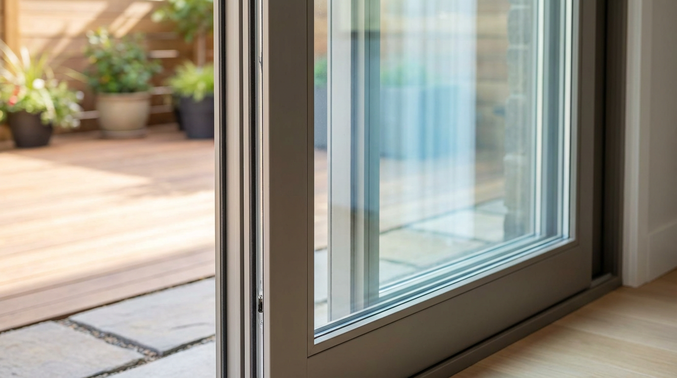 A close-up of a partially open double pane sliding glass door, leading from an indoor space to a wooden outdoor patio with potted plants in the background, hints at both style and double pane sliding glass door cost considerations.