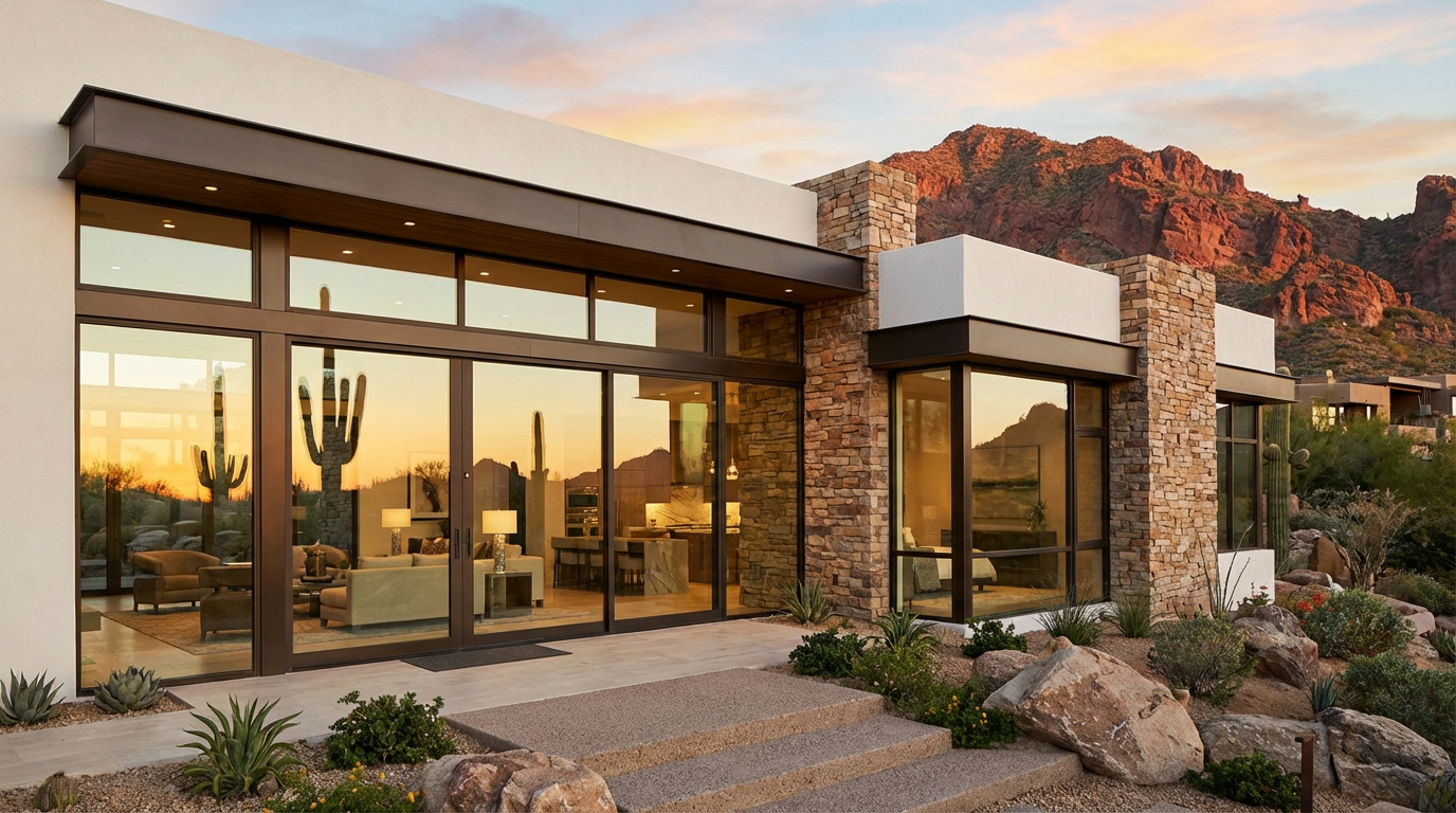 Modern house with large glass windows and stone accents, expertly crafted with precision window installation, surrounded by desert landscape and cacti, with red rock hills in the background at sunset.