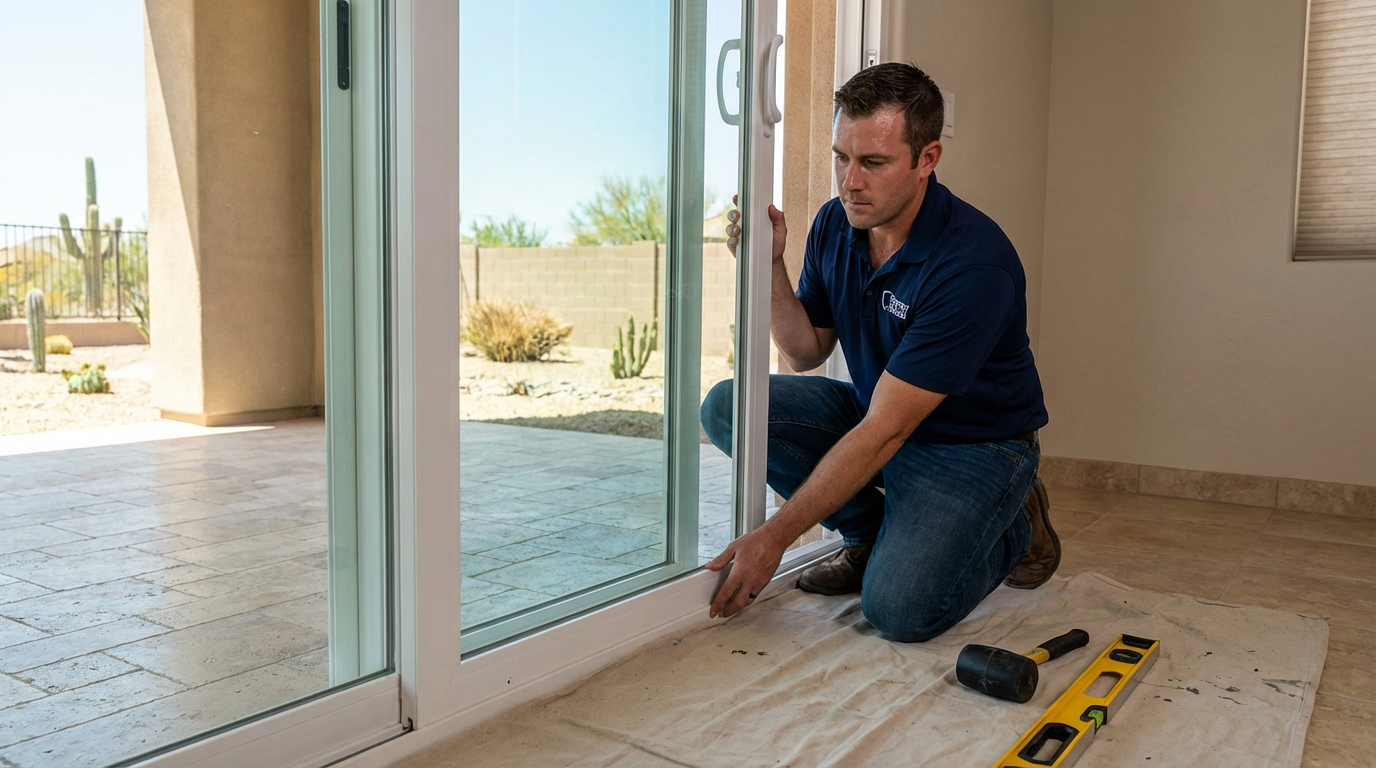 A man kneels on a cloth while installing or adjusting a double pane sliding door; tools like a level and rubber mallet rest on the floor nearby, helping ensure proper fit and justifying the sliding glass door cost.