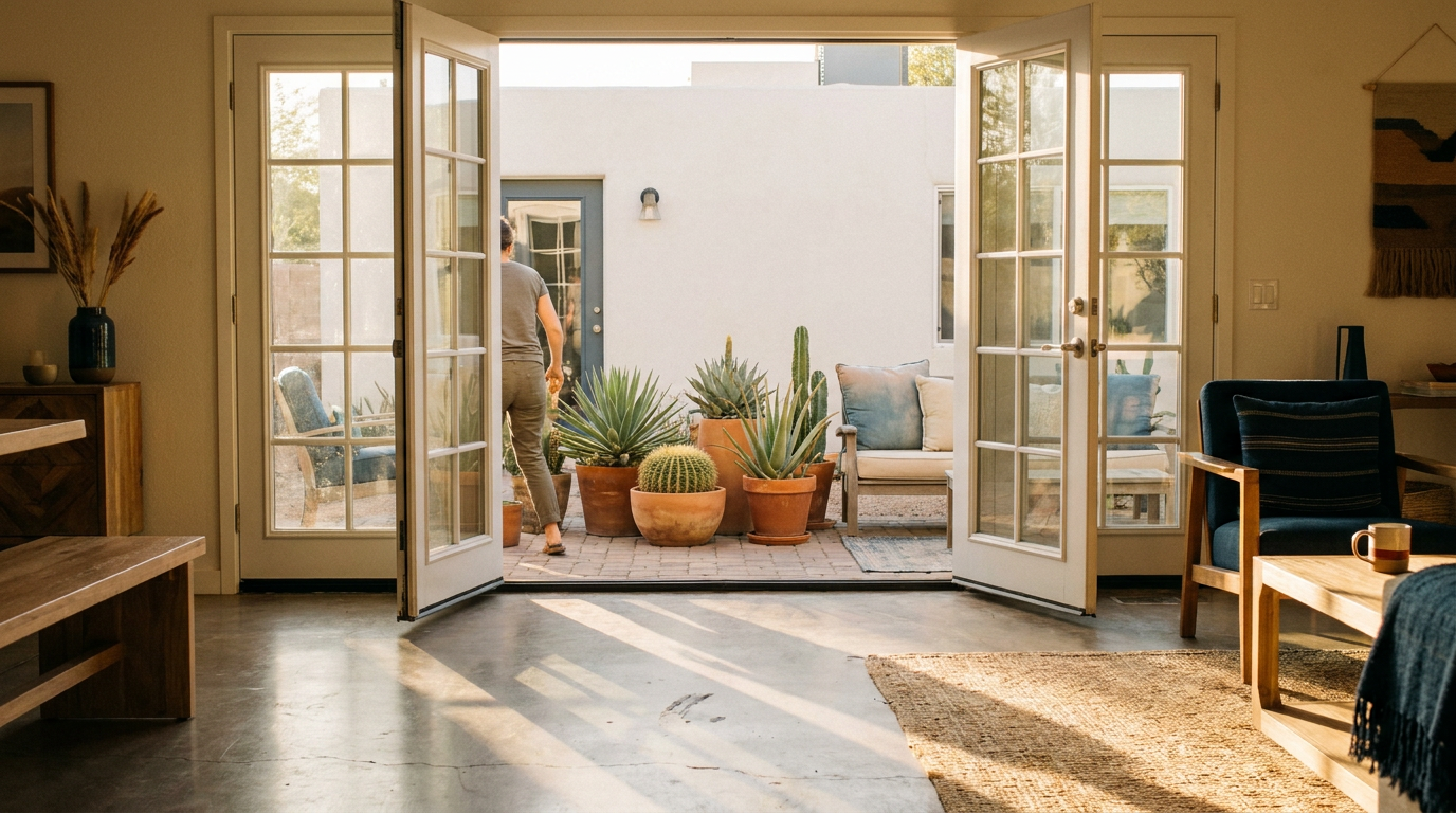 A person walks through open French doors toward a sunny patio with potted succulents and outdoor seating, viewed from inside a modern living room—an inviting scene that earns glowing reviews for its welcoming atmosphere.