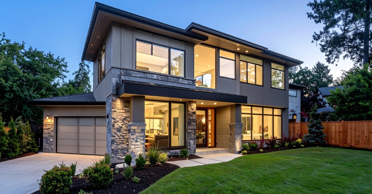 Two-story modern house with new replacement windows. Energy efficient replacement windows for homes in Arizona House with large energy efficient replacement windows