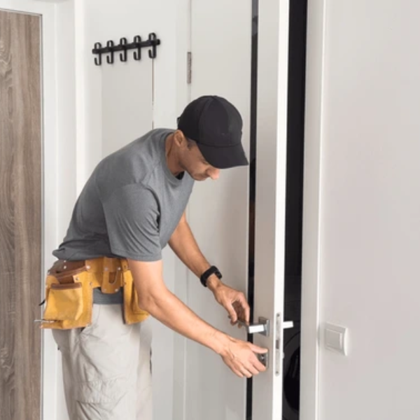 Professional replacing an interior door during a home upgrade