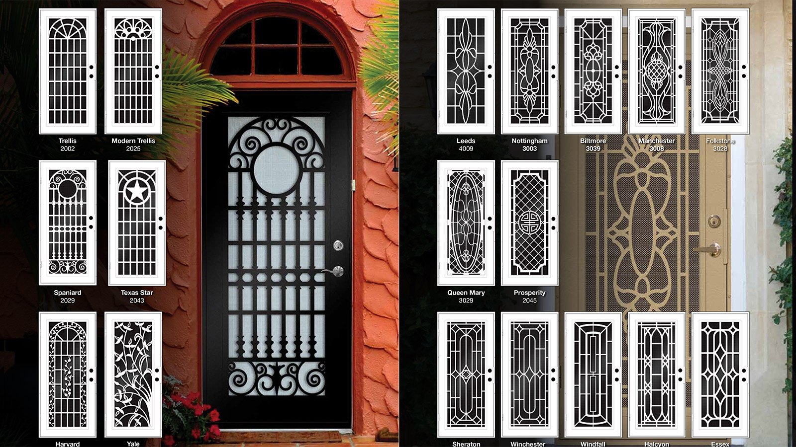 Image showcasing a range of decorative security door designs. Styles include Trellis, Modern Trellis, Texas Star, and Nottingham, all featuring intricate patterns and secure ornamental features.